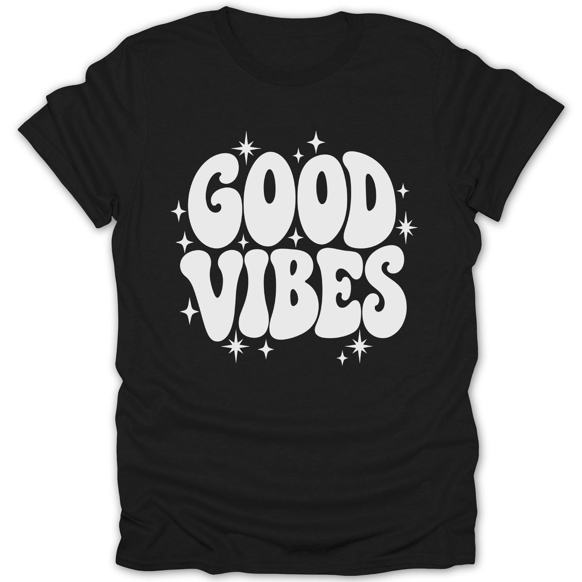 Black t-shirt with white text "GOOD VIBES" surrounded by stars.