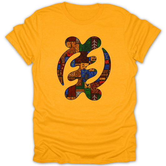 Vibrant yellow graphic tee with intricate design