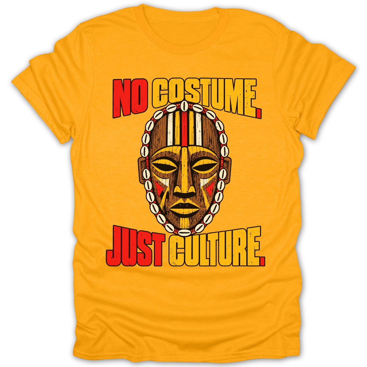 Orange t-shirt with "NO COSTUME JUST CULTURE" text and a tribal mask design.