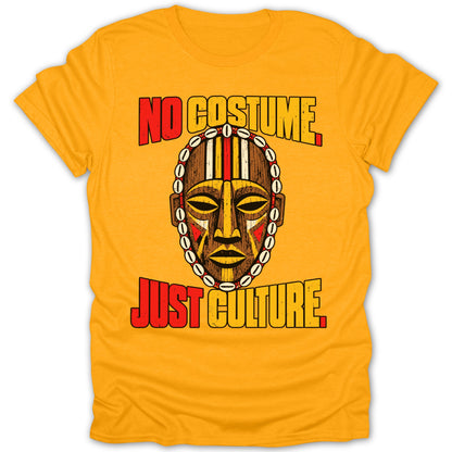 Orange t-shirt with "NO COSTUME JUST CULTURE" text and a tribal mask design.