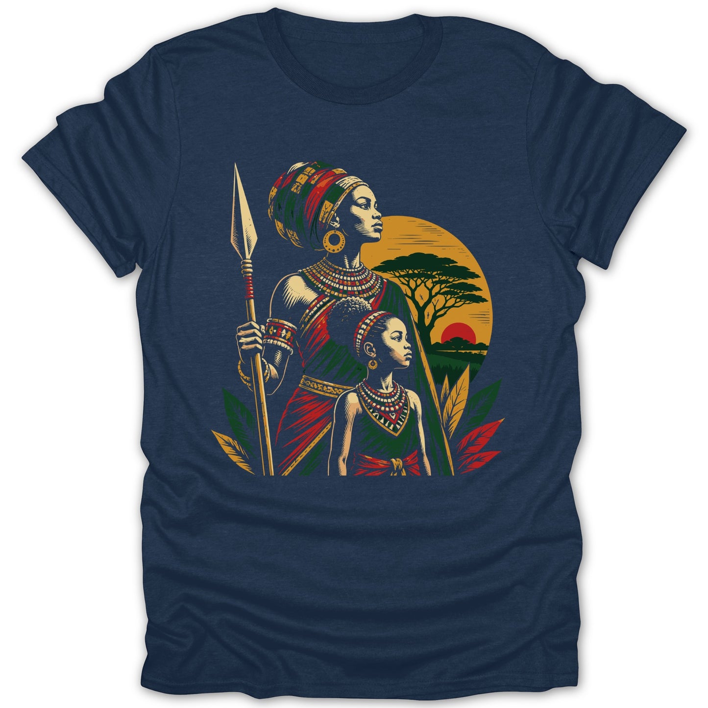 African mother and daughter with spear against savanna sunset and acacia tree.