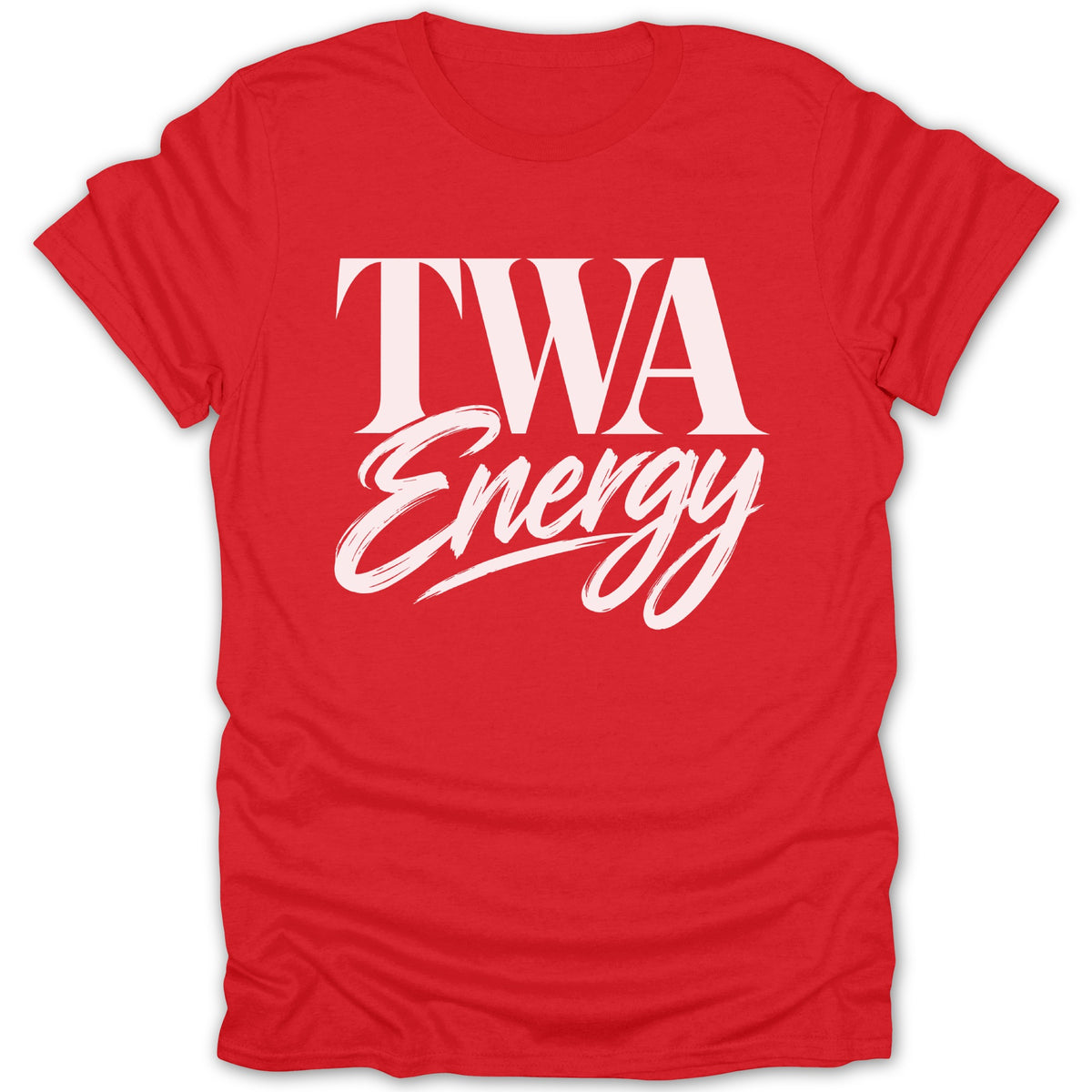 Red t-shirt with white text "TWA Energy"