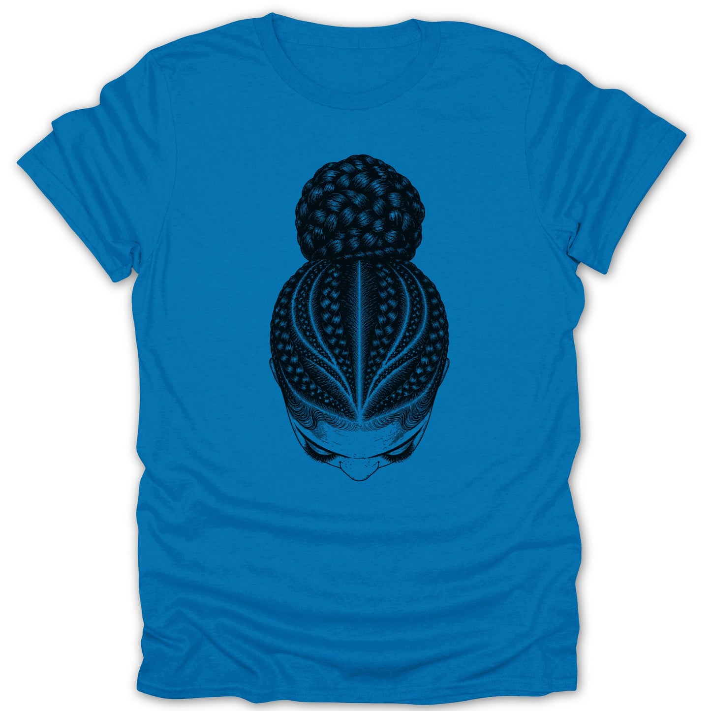 Blue t-shirt featuring a black line drawing of a woman's braided hairstyle.