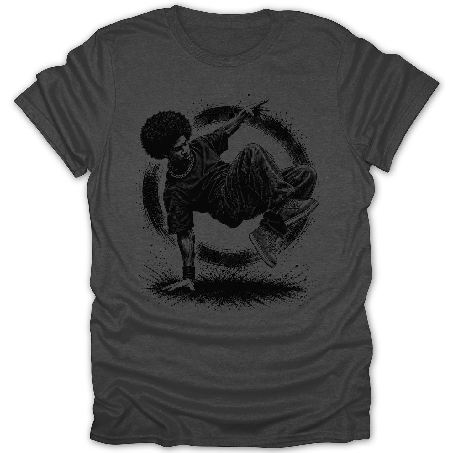 T-shirt with a black sketch of a breakdancer within a circular splash design.