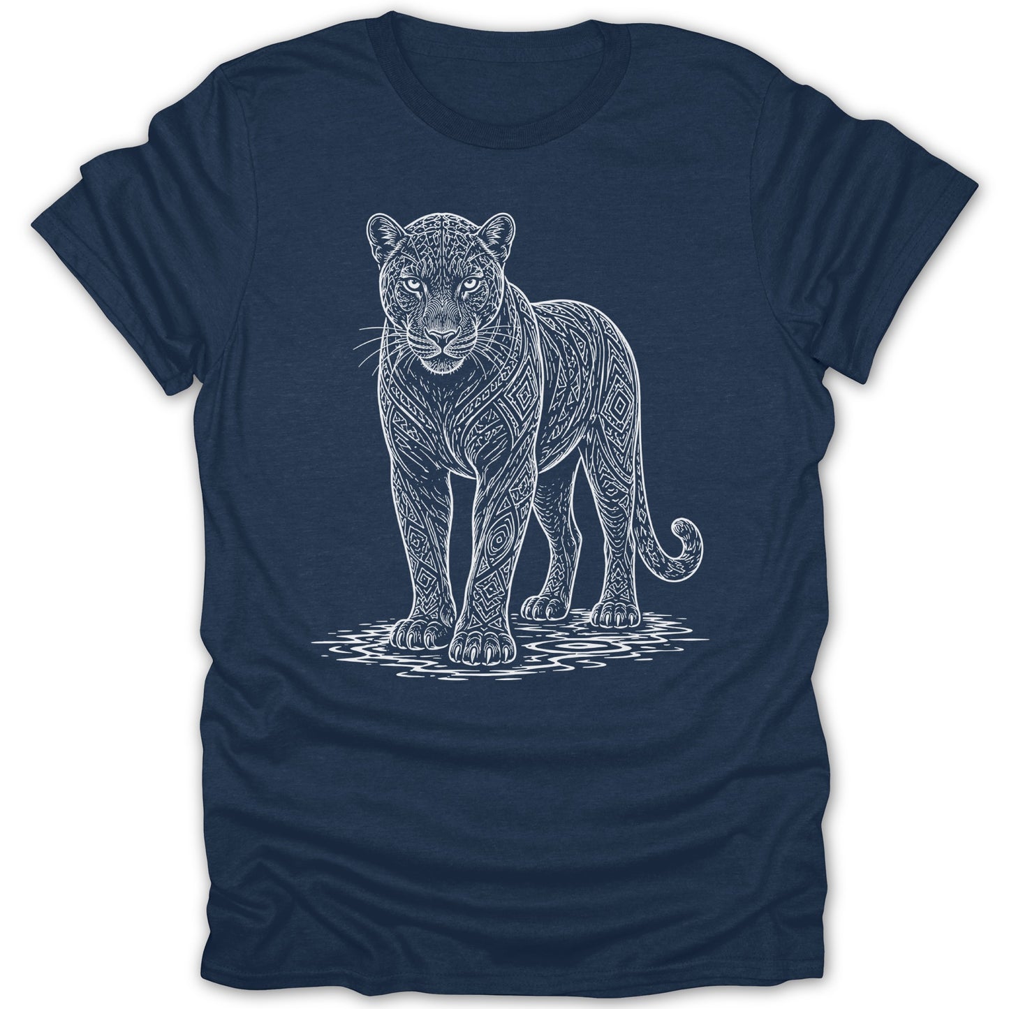 T-shirt with white line art of a patterned panther standing on water.