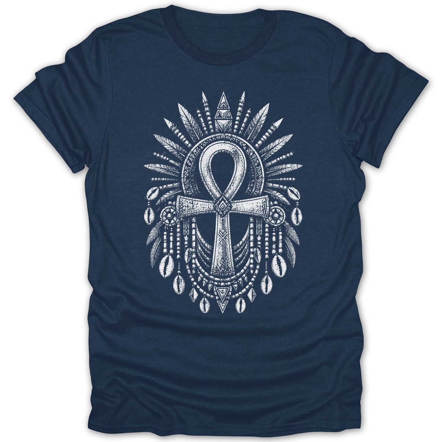 Navy t-shirt with white ankh design featuring feathers, beads, and shells.