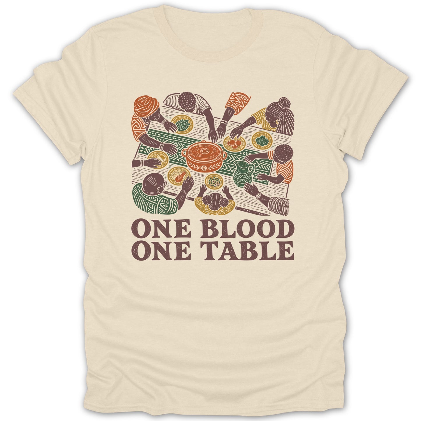 Shirt with graphic of people sharing a meal and text "ONE BLOOD ONE TABLE".