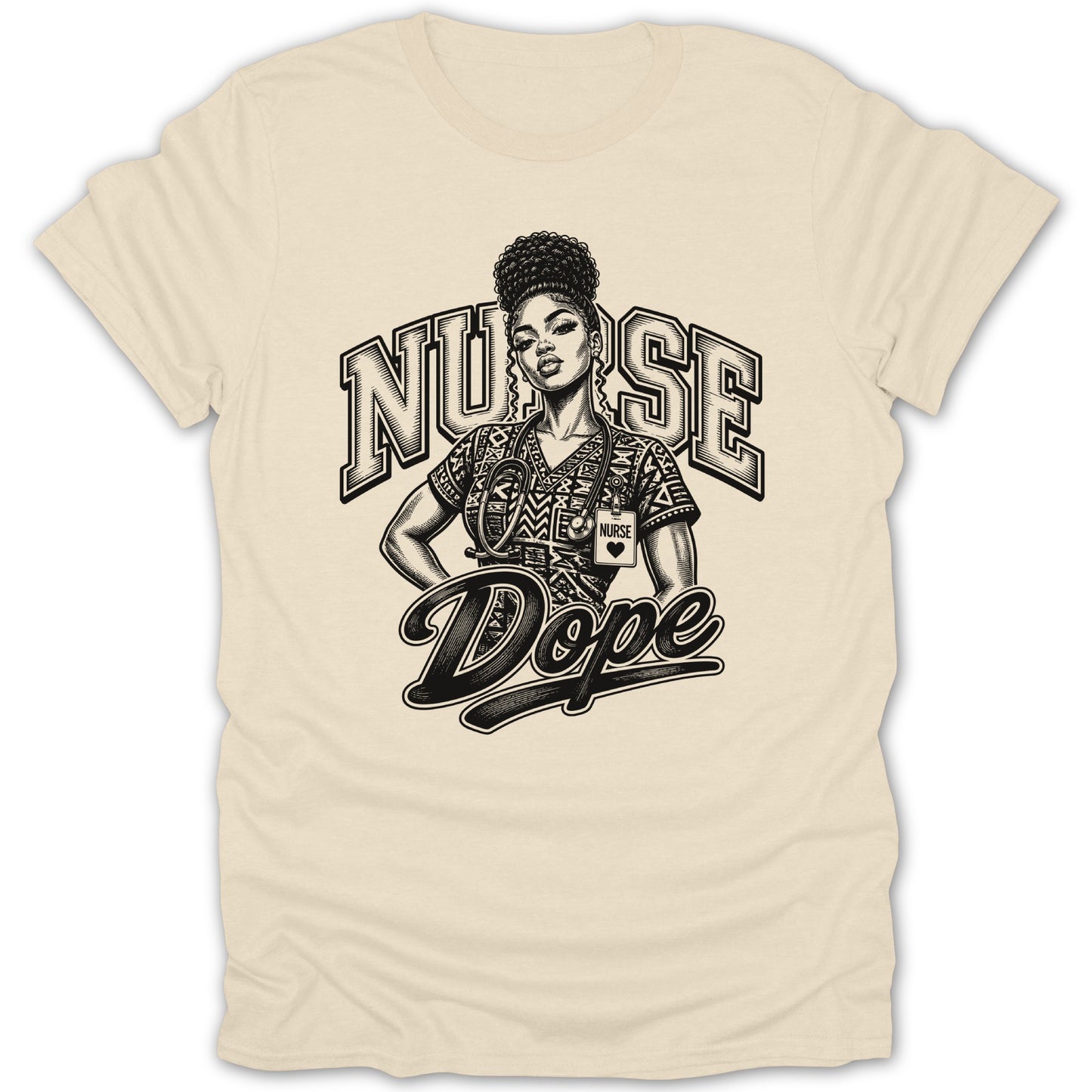 Graphic of a nurse with "Nurse" and "Dope" text on a cream t-shirt.