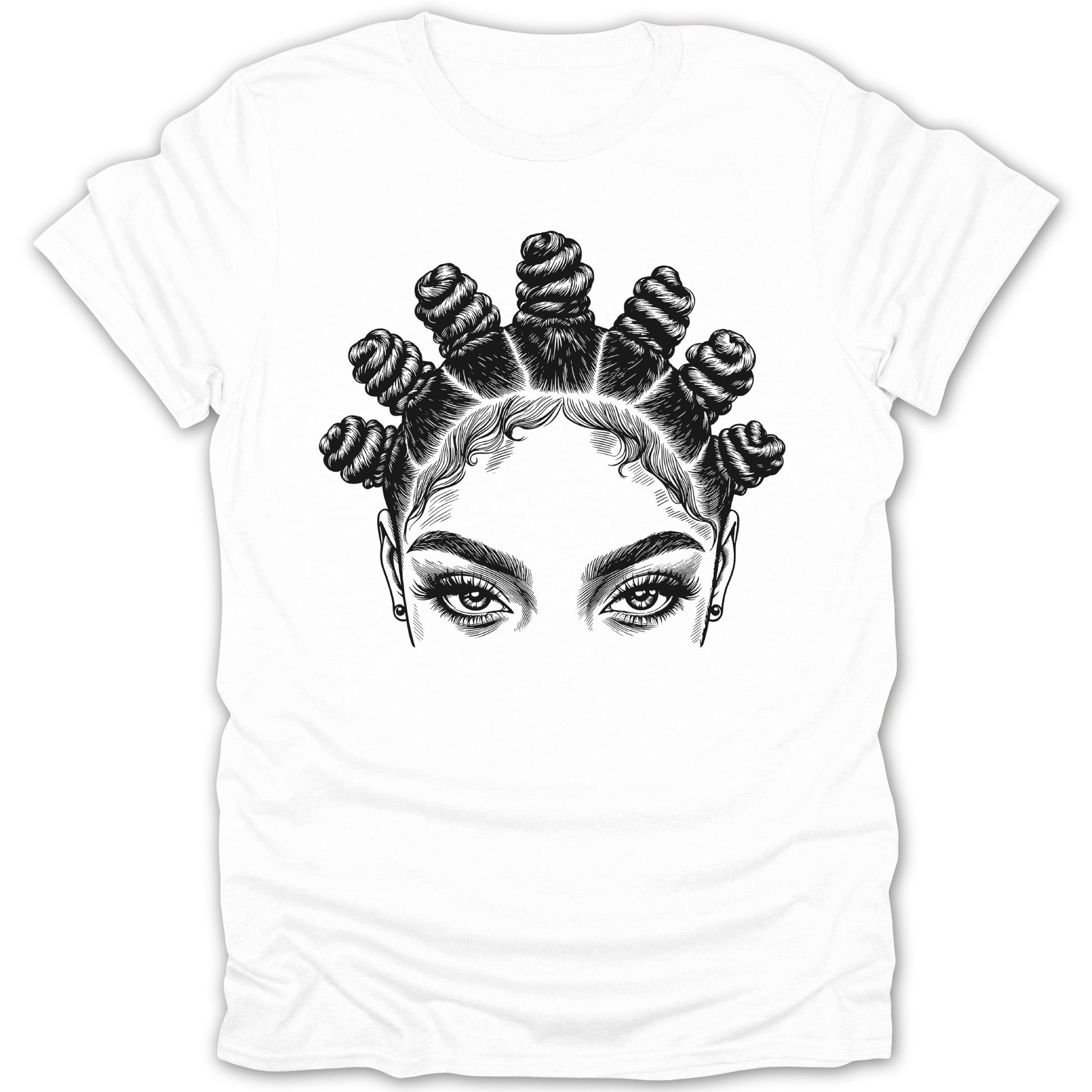 Black and white illustration of a woman's eyes and Bantu knots on a white t-shirt.