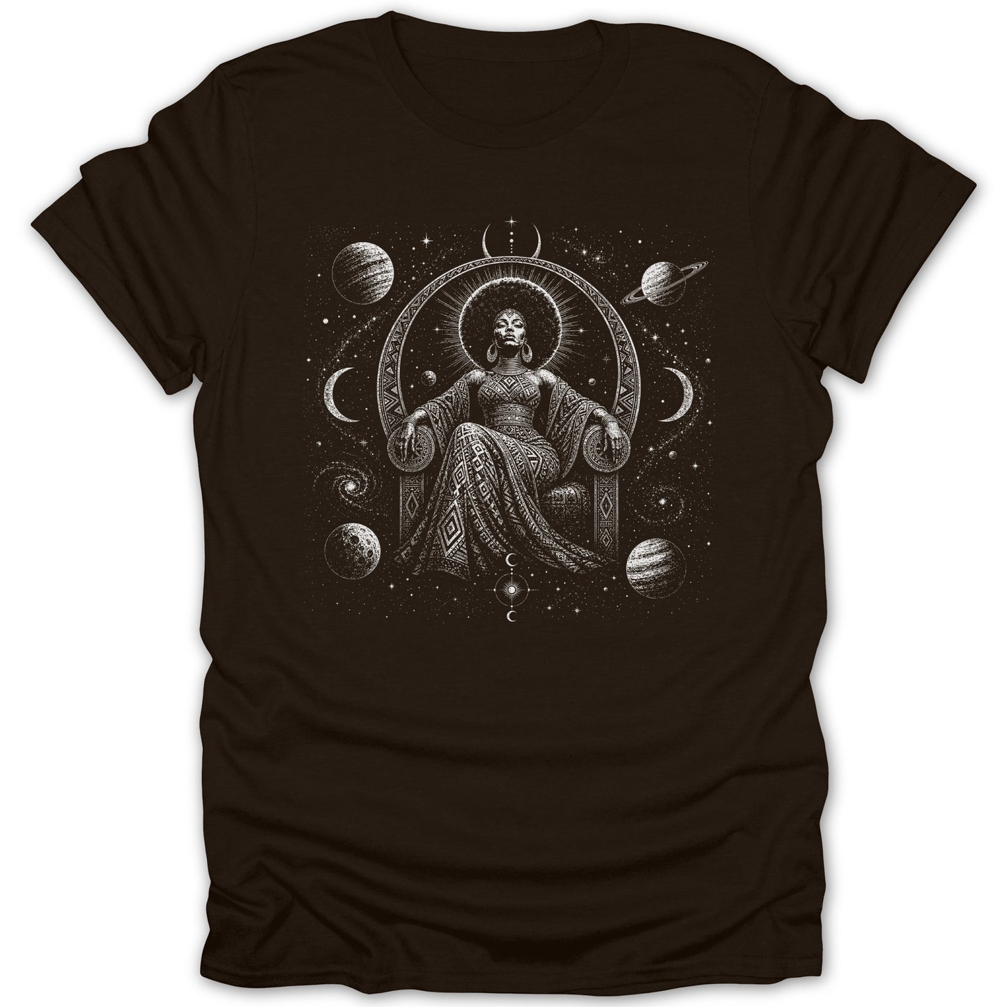 T-shirt graphic featuring a woman on a throne amidst planets and swirling galaxies.