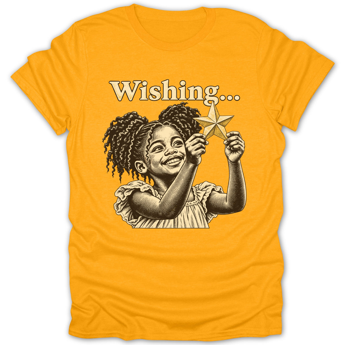 Girl with curly hair holding a star, text "Wishing...".