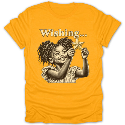 Girl with curly hair holding a star, text "Wishing...".