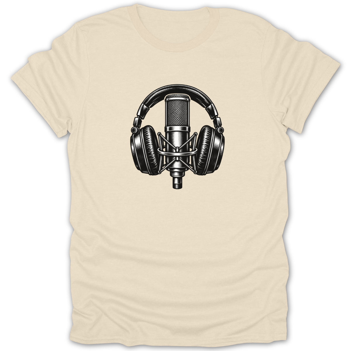 Black and white graphic of a microphone with headphones on a cream t-shirt.