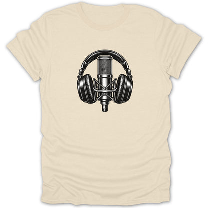 Black and white graphic of a microphone with headphones on a cream t-shirt.