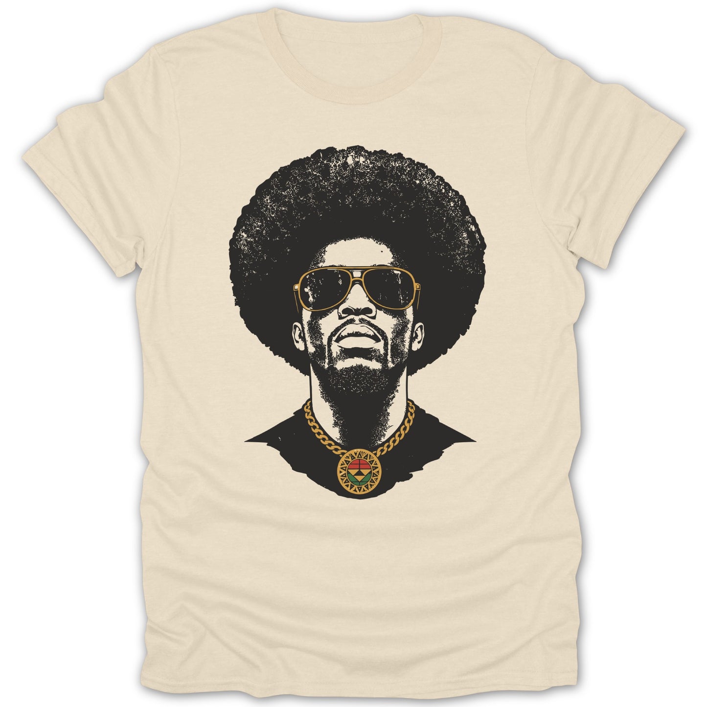 Black graphic print of a man with an afro, sunglasses, and a medallion on a cream t-shirt.