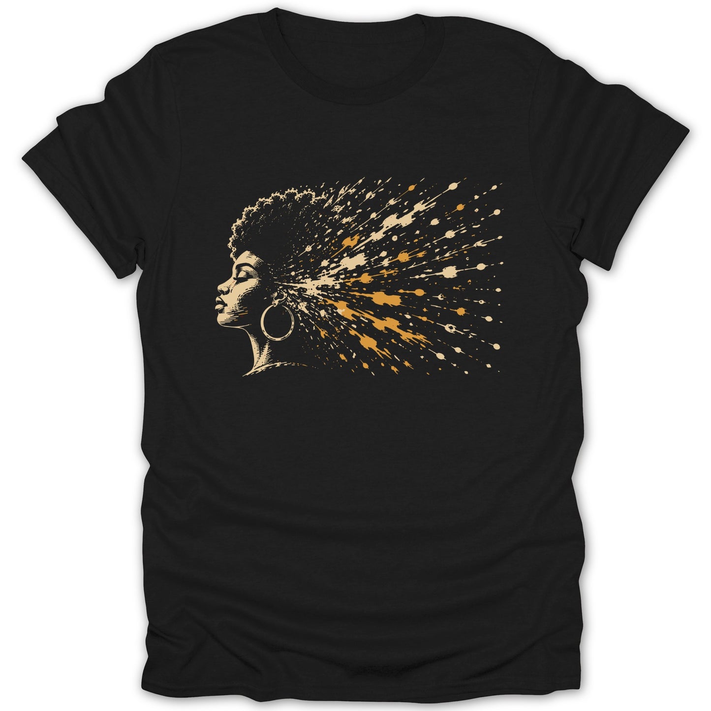 Black t-shirt with profile of woman with exploding afro in gold and beige splatters.