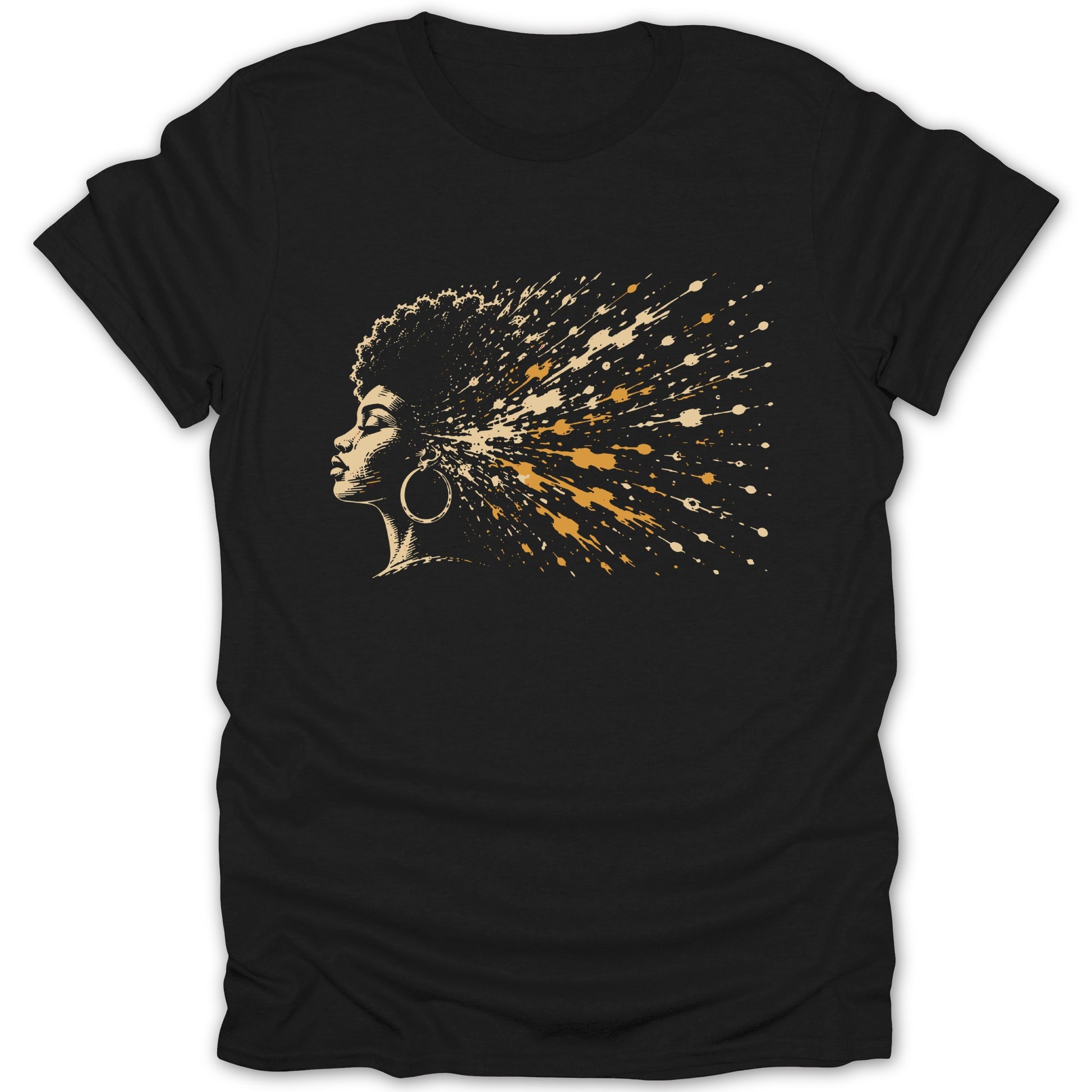 Black t-shirt with profile of woman with exploding afro in gold and beige splatters.