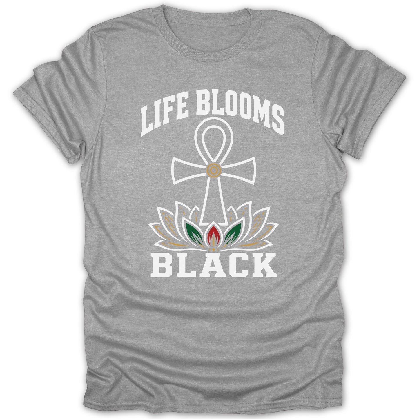 Grey t-shirt with an ankh and lotus flower design and text "LIFE BLOOMS BLACK".