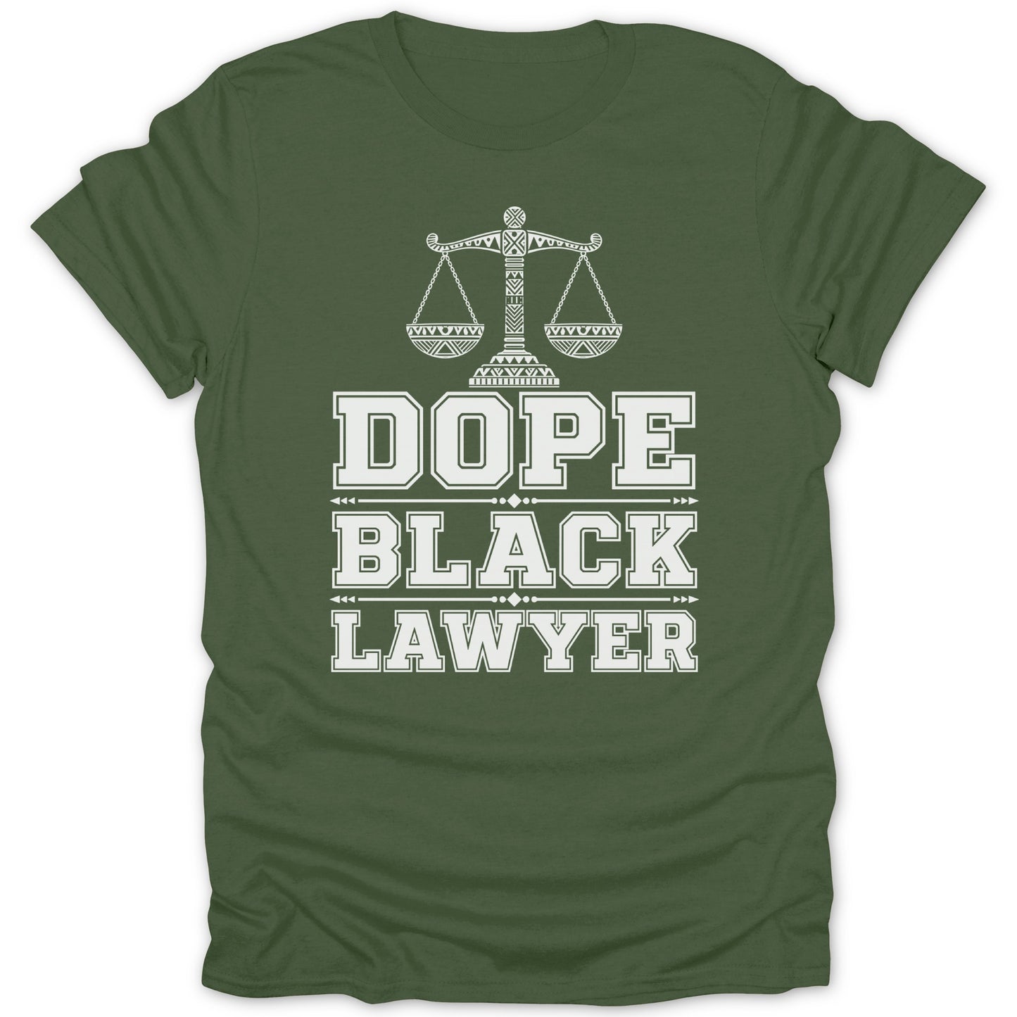 Green t-shirt with white text: "DOPE BLACK LAWYER" and scales of justice.
