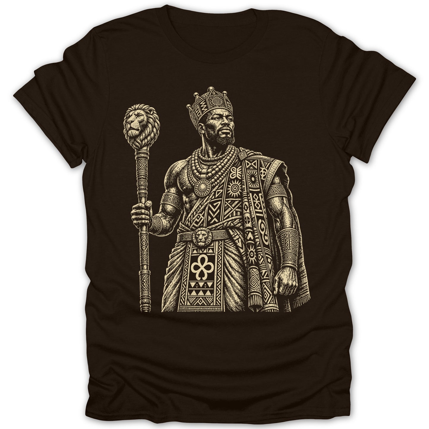 T-shirt with a king holding a lion-topped staff wearing ornate African-inspired attire.