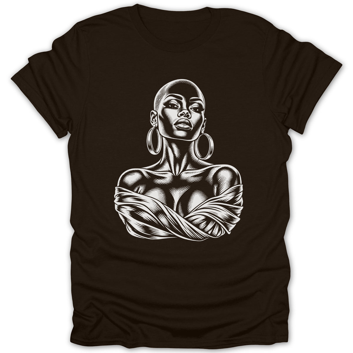 T-shirt with white line art of a bald woman with large hoop earrings and draped fabric.