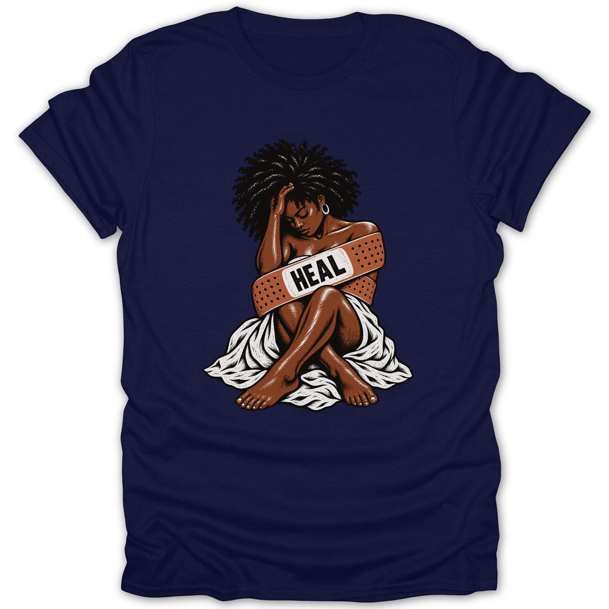 Illustration of a woman sitting with a band-aid that says "HEAL" across her chest.
