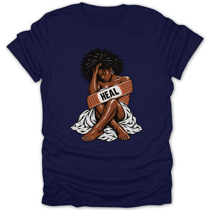 Illustration of a woman sitting with a band-aid that says "HEAL" across her chest.