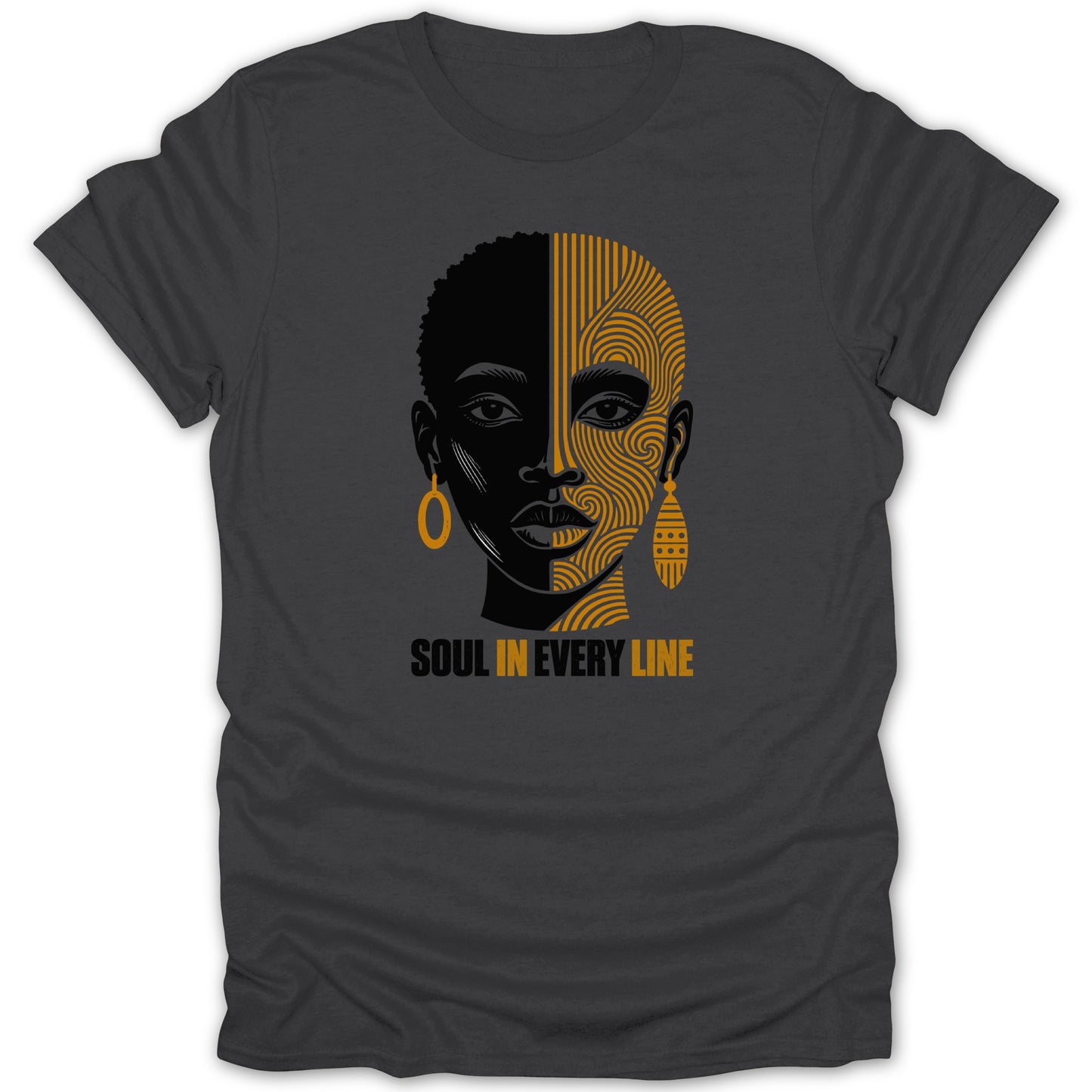 Graphic t-shirt with a stylized face divided into black and patterned orange halves, text "SOUL IN EVERY LINE".