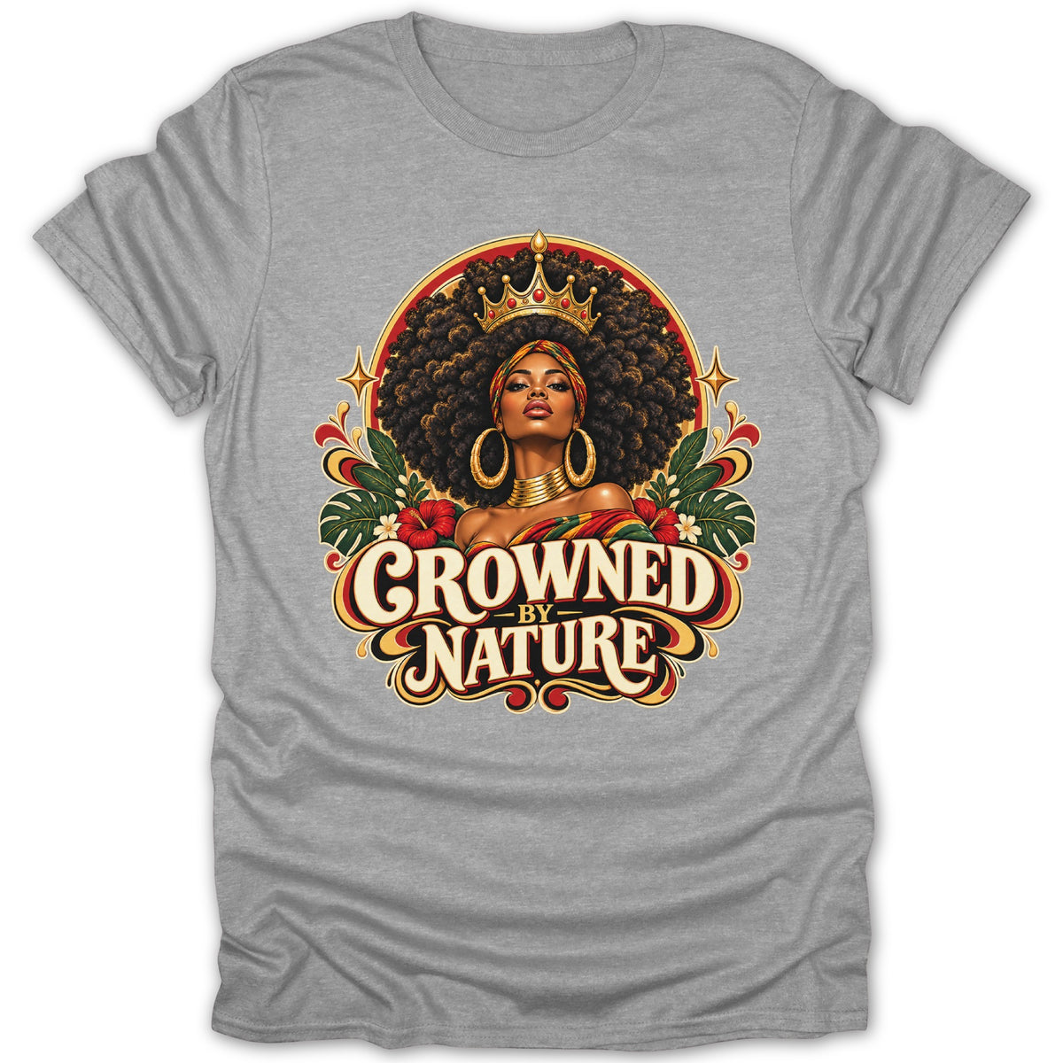Woman with crown and afro, surrounded by flowers, with "Crowned By Nature" text.
