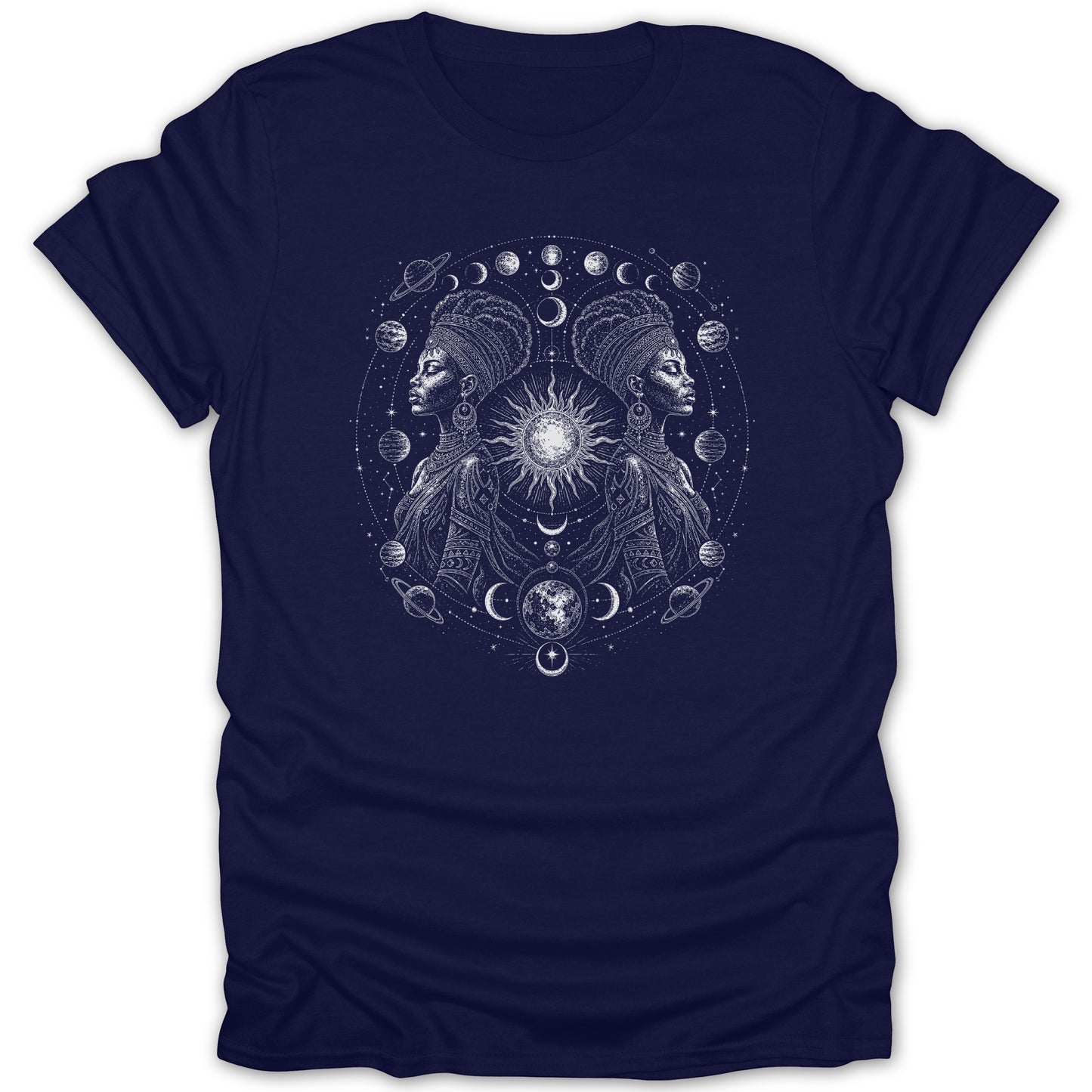 Navy t-shirt with celestial design of two women, sun, moons, and planets.
