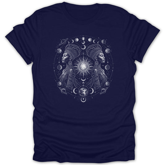 Navy t-shirt with celestial design of two women, sun, moons, and planets.