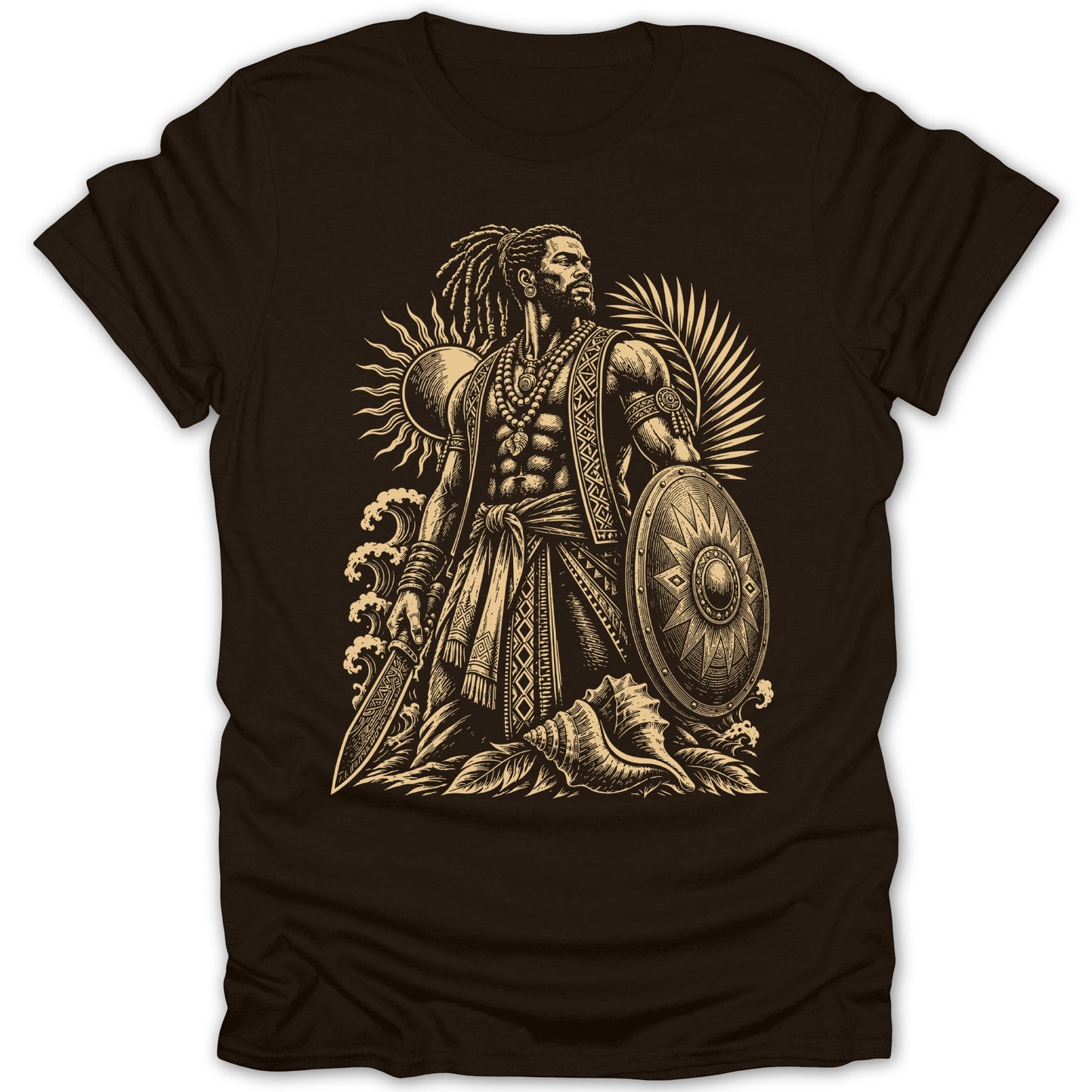 Illustration of a warrior with shield, sword, and sun motif on a brown t-shirt.