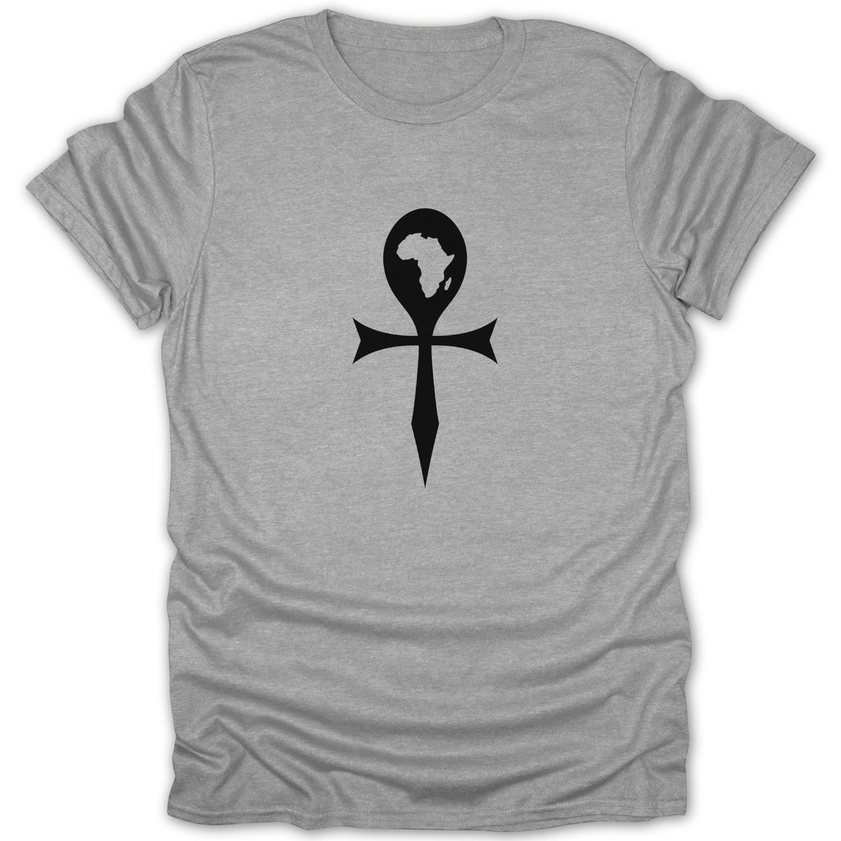 A heather gray crewneck t-shirt featuring a black ankh symbol centered on the chest, containing an outline of Africa.