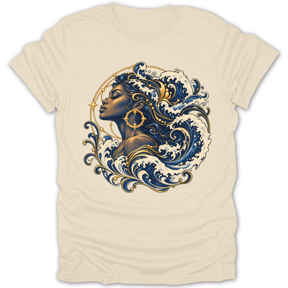 Artistic depiction of a woman with wavy, dark blue hair and golden accents.