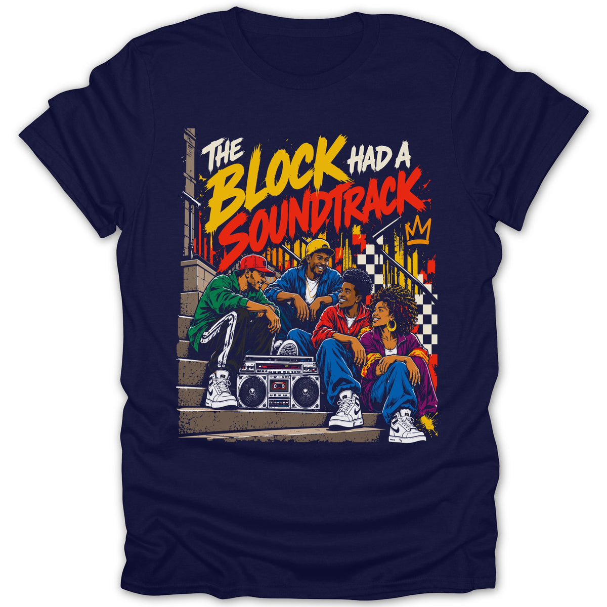 Four people sit on steps with a boombox, "The Block Had A Soundtrack" text.