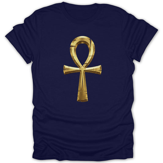 Gold Ankh Symbol Graphic on Navy Blue T-Shirt