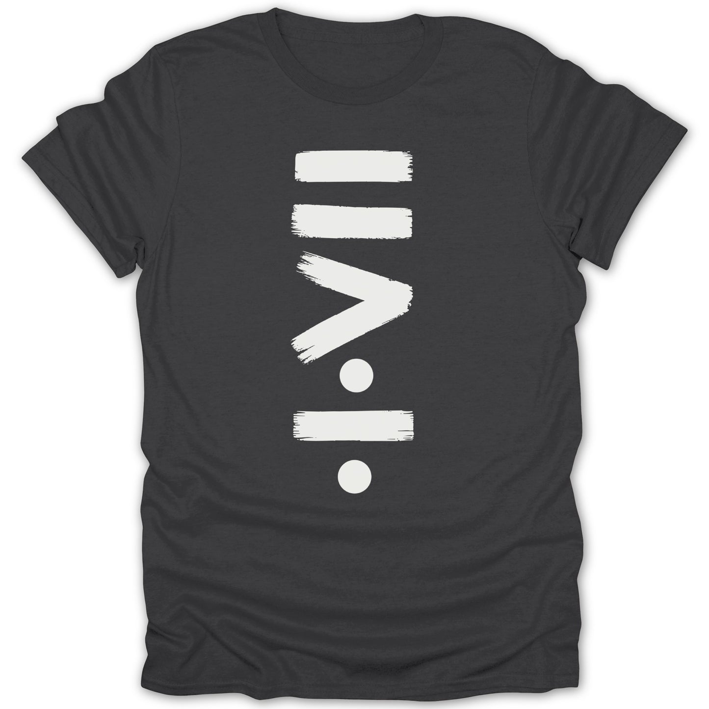Dark gray t-shirt with white brushstroke symbol of division.