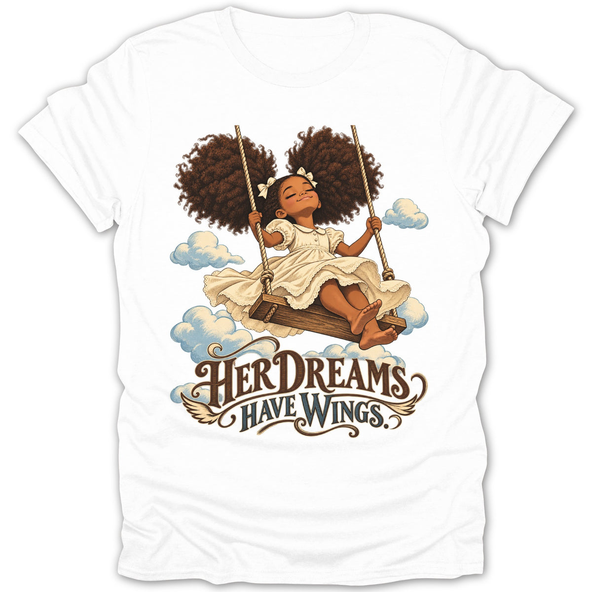 Illustration of a girl on a swing with text "Her Dreams Have Wings".