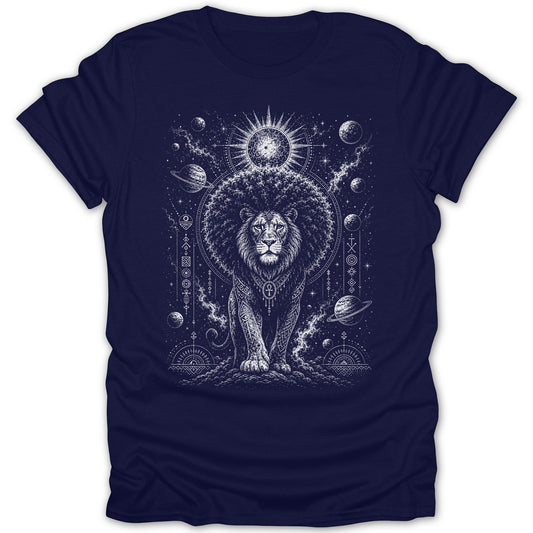Lion with cosmic, geometric, and planetary design on navy blue t-shirt.