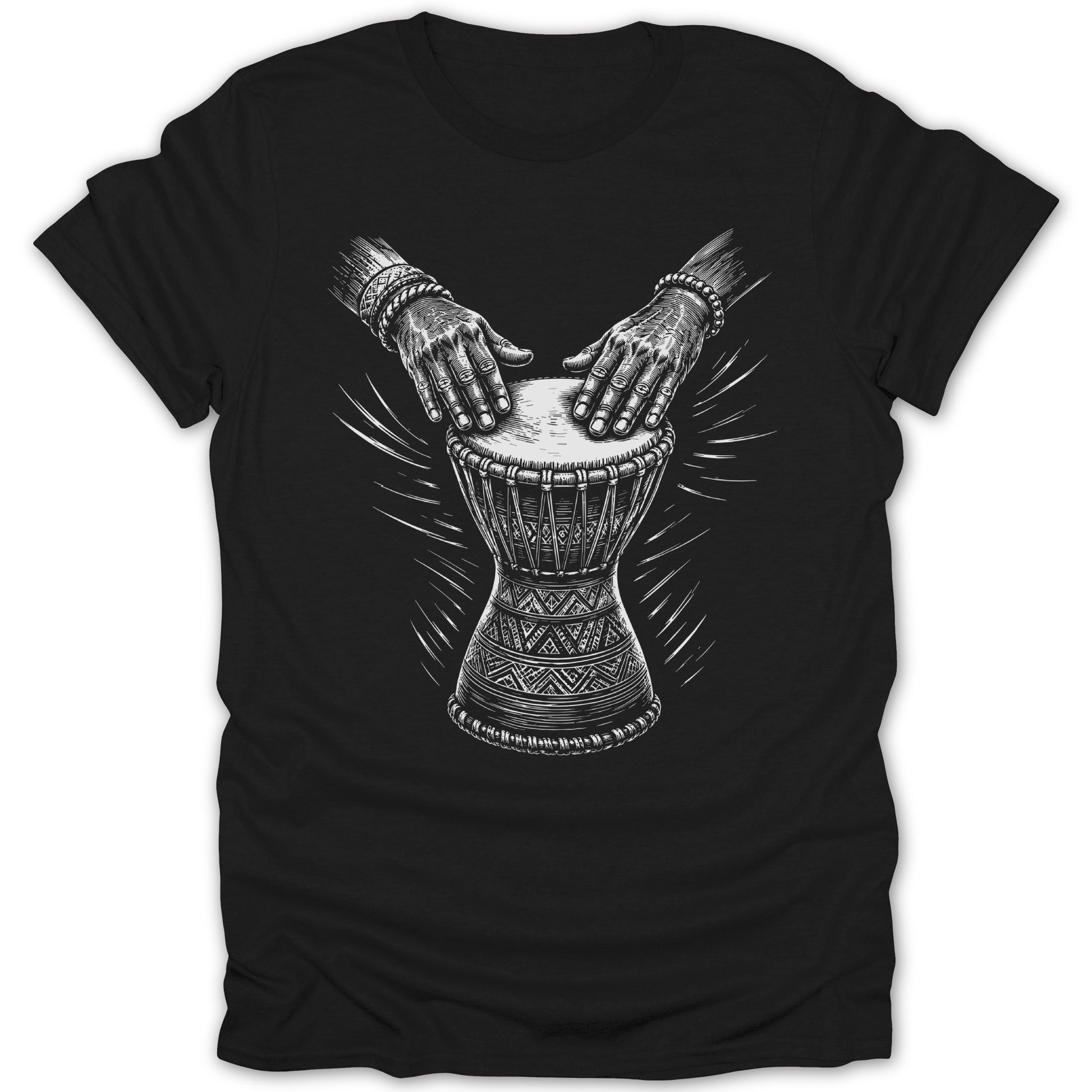 Hands playing a djembe drum with tribal patterns and radiating lines.