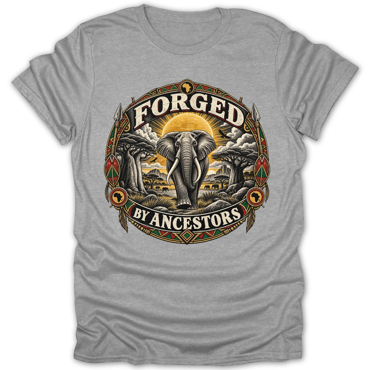T-shirt with a circular design featuring an elephant, baobab trees, and the text "Forged By Ancestors."