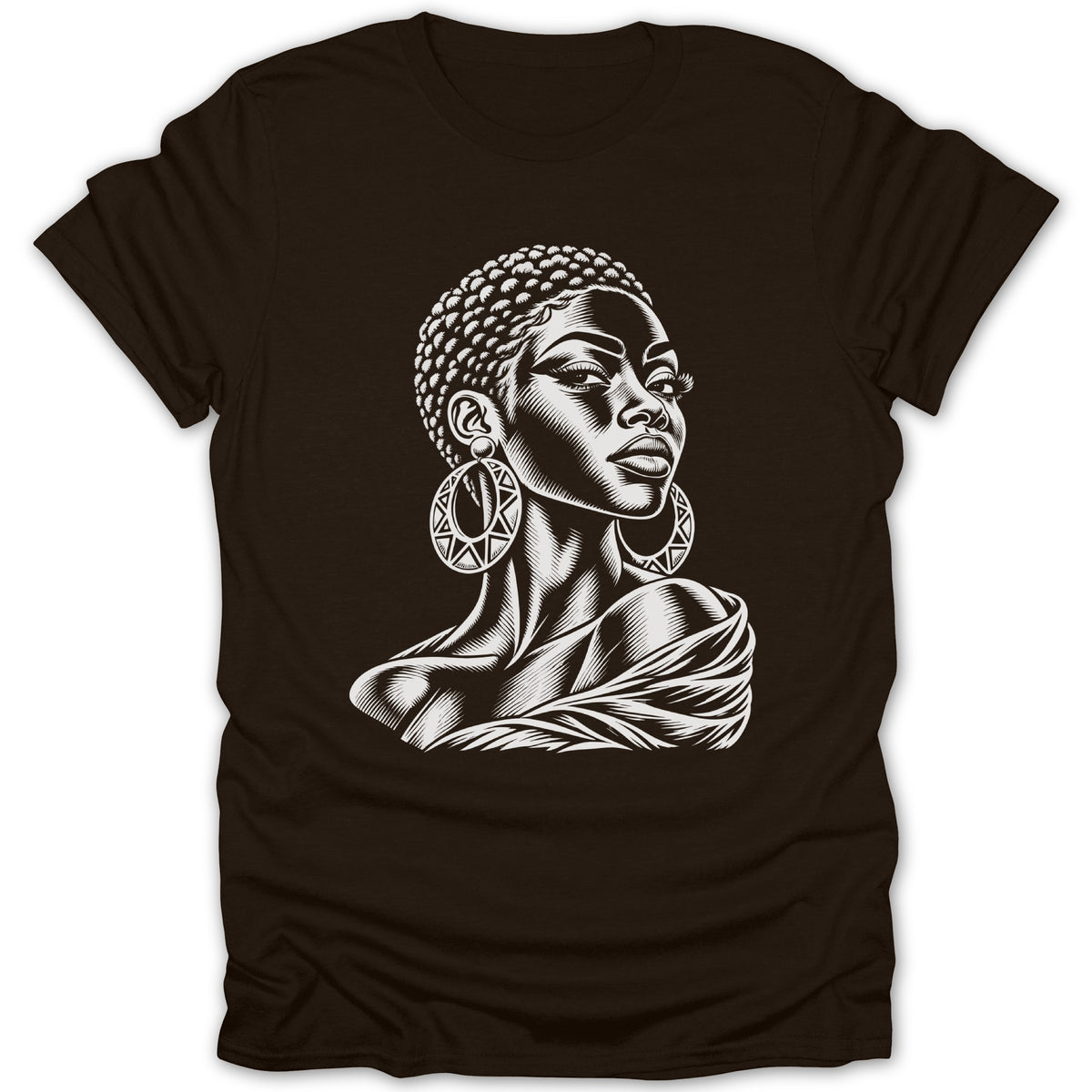 T-shirt with a black and white graphic of a woman with large hoop earrings.