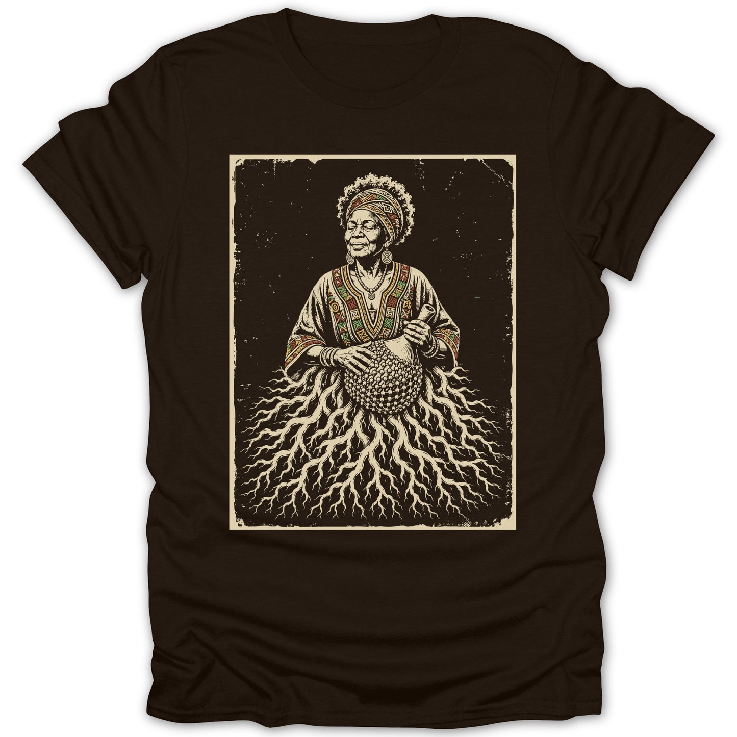 Artwork of a Black woman with roots extending from her dress holding a seed pod.