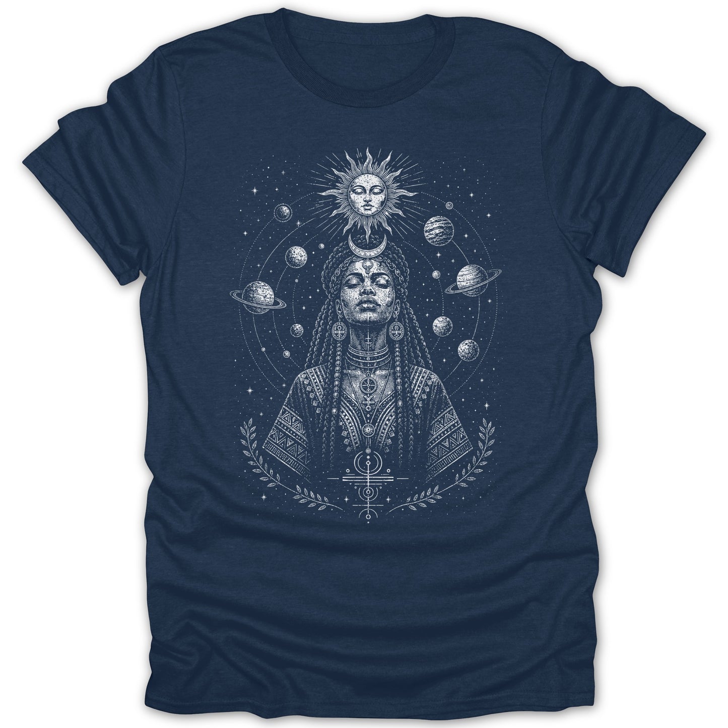 Navy t-shirt with white celestial woman and planet graphic.