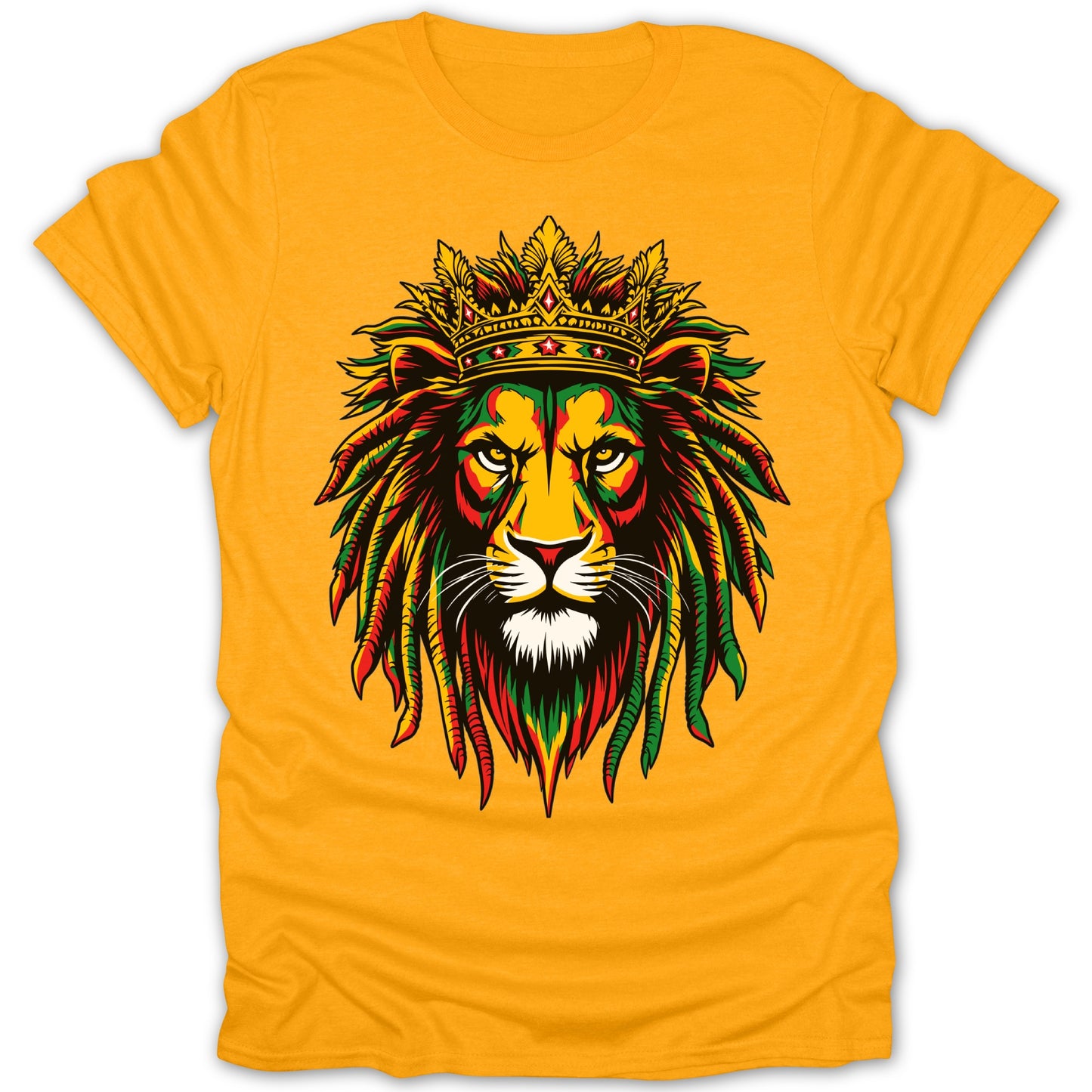 Yellow t-shirt with a colorful lion wearing a crown and dreadlocks.