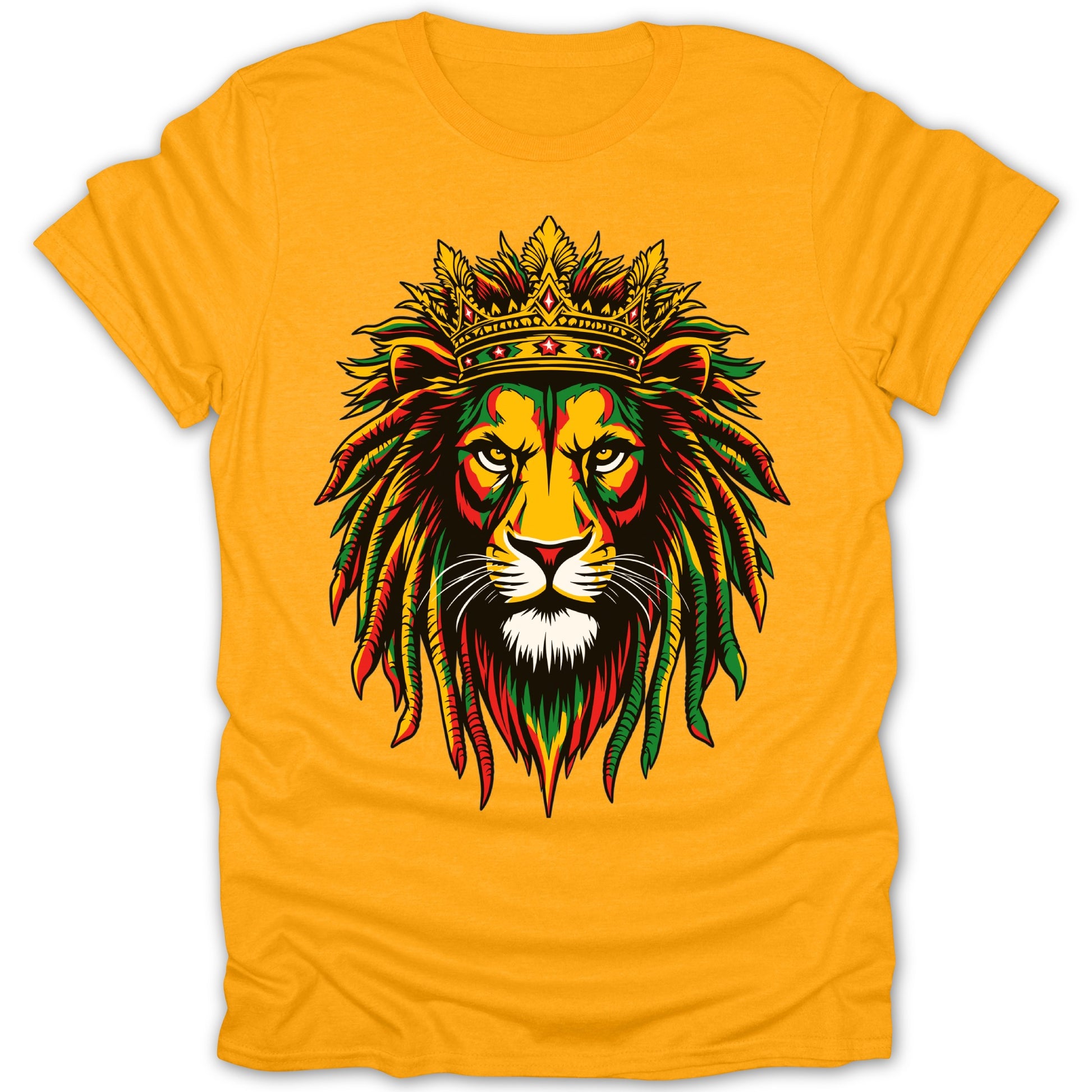 Yellow t-shirt with a colorful lion wearing a crown and dreadlocks.