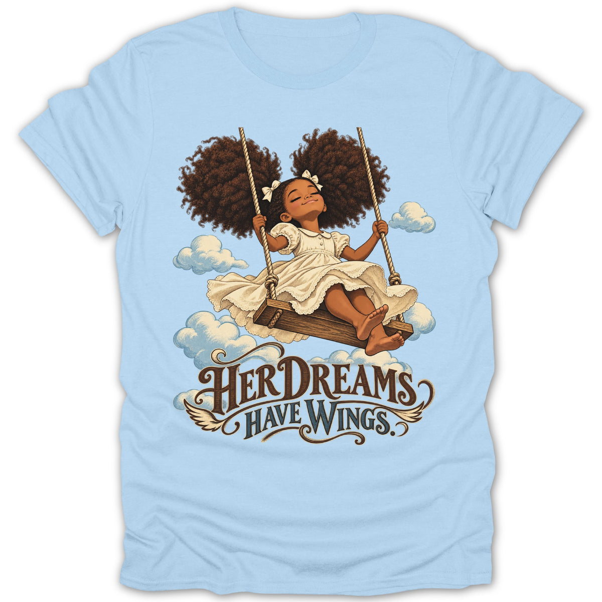 Girl on swing in clouds with text "Her Dreams Have Wings"