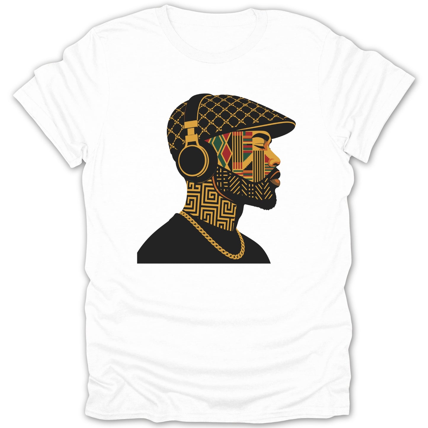 Graphic of a man wearing headphones and a patterned cap with gold chain.