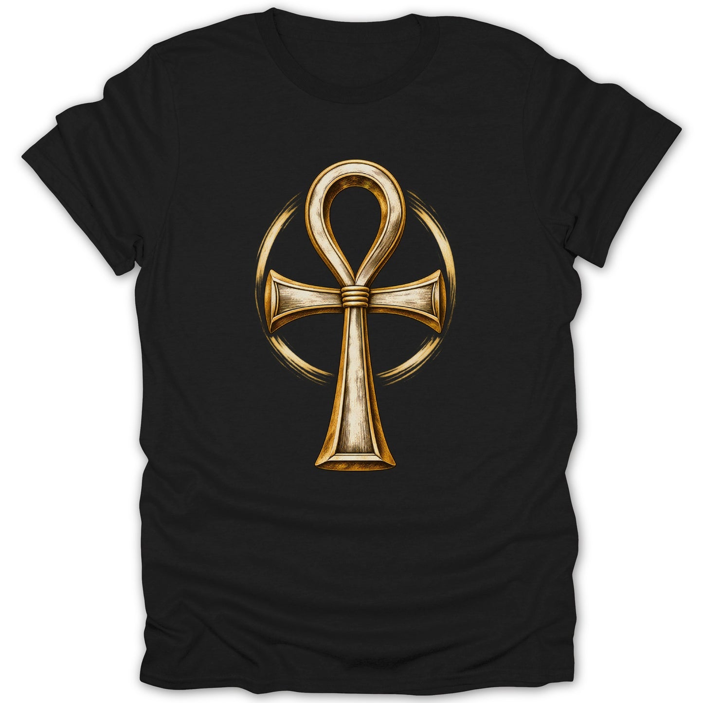 Black t-shirt with a gold ankh symbol in a circular brush stroke design.