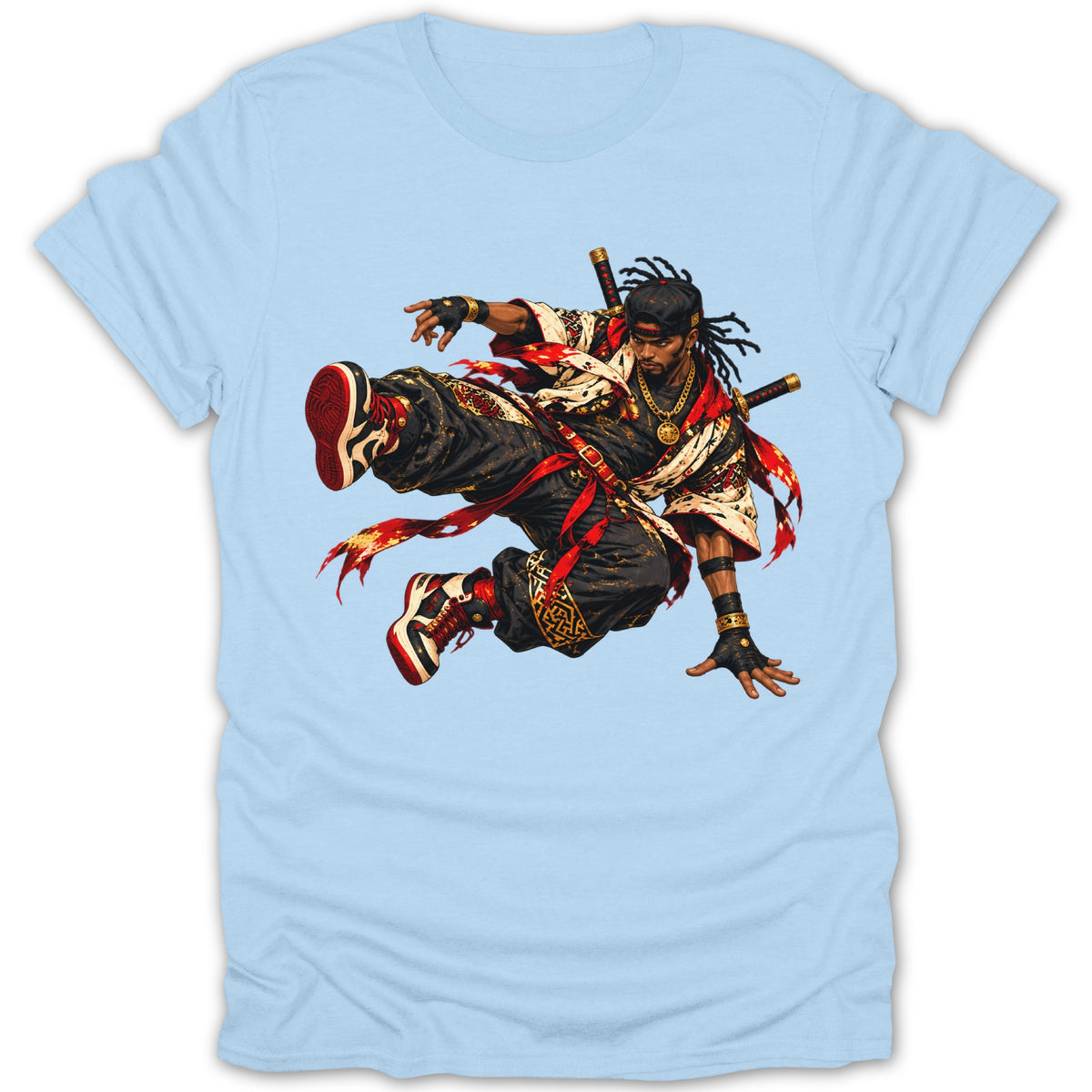 Dynamic illustration of a swordsman in mid-air, on a light blue t-shirt.